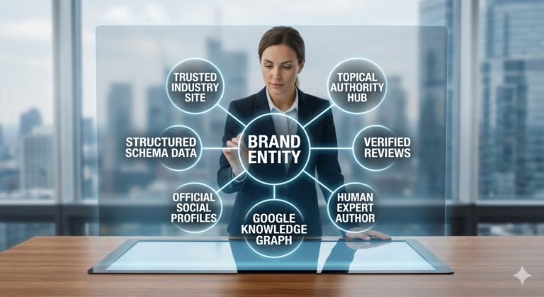 Infographic showing a Brand Entity connected to nodes like Schema, Knowledge Graph, and Topical Authority on a futuristic screen.