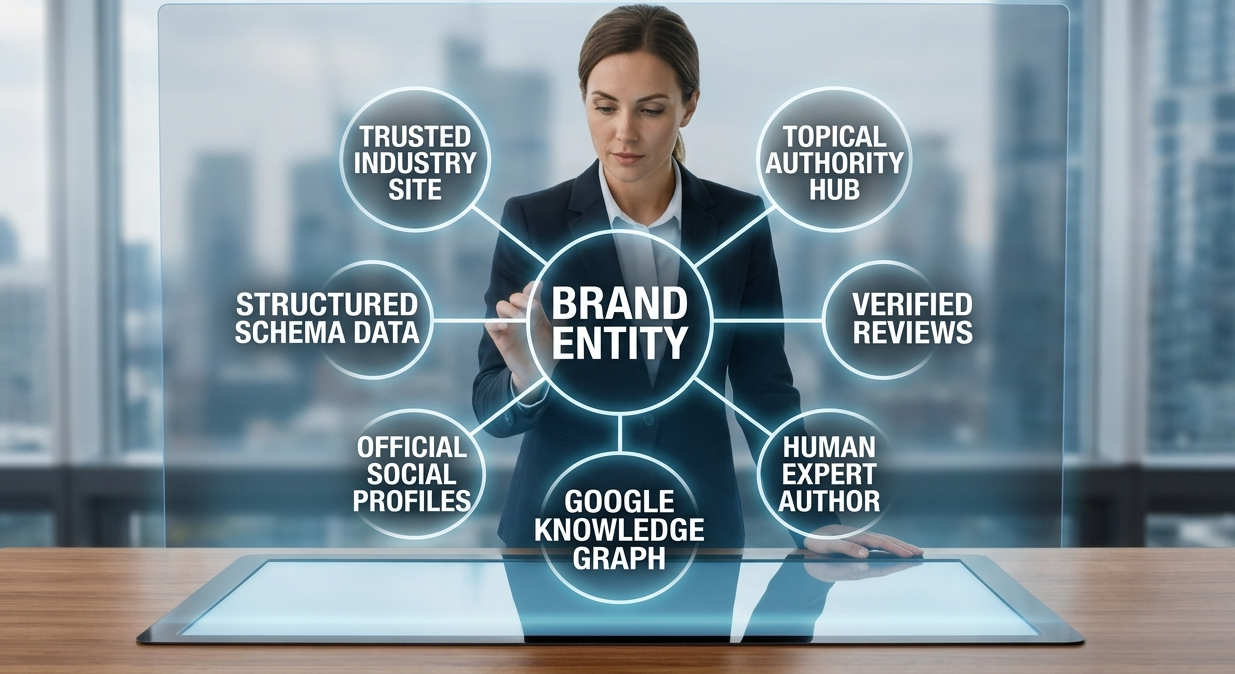 Infographic showing a Brand Entity connected to nodes like Schema, Knowledge Graph, and Topical Authority on a futuristic screen.