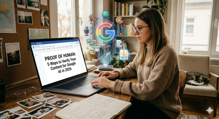 A woman at a desk verify's content for Google AI, with five icons illustrating methods like lived experience and unique voice. A prominent badge reads "1 PROOF OF HUMAN: VERIFIED".