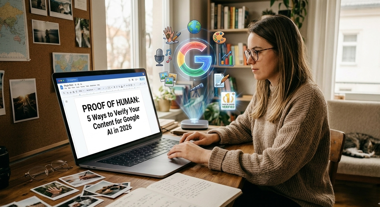 A woman at a desk verify's content for Google AI, with five icons illustrating methods like lived experience and unique voice. A prominent badge reads "1 PROOF OF HUMAN: VERIFIED".