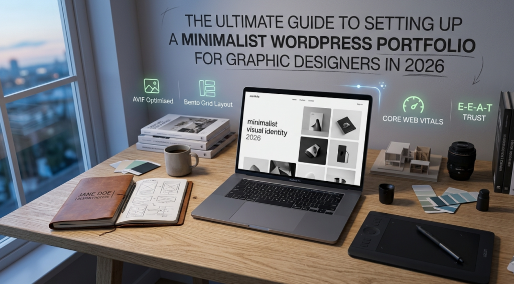 A professional designer's workspace with a laptop showing a minimalist WordPress portfolio, featuring a Bento Grid layout, AVIF optimization markers, and Core Web Vitals icons for 2026 SEO standards.