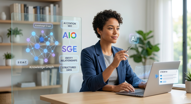 A woman working with transparent displays visualizing AI Citation SEO, Knowledge Graph, AIO, SGE, and Structured Data.