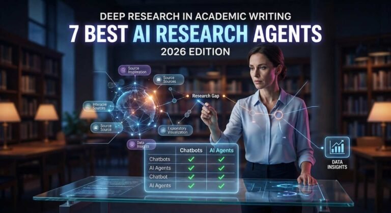 A university researcher in a sophisticated library interacting with holographic interfaces for AI agents, including Deep Research Max and ChatGPT Deep Research, analyzing cited data and generating exploratory visualizations for an academic literature review.
