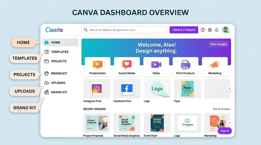 Canva dashboard showing home templates projects and brand kit sections explained