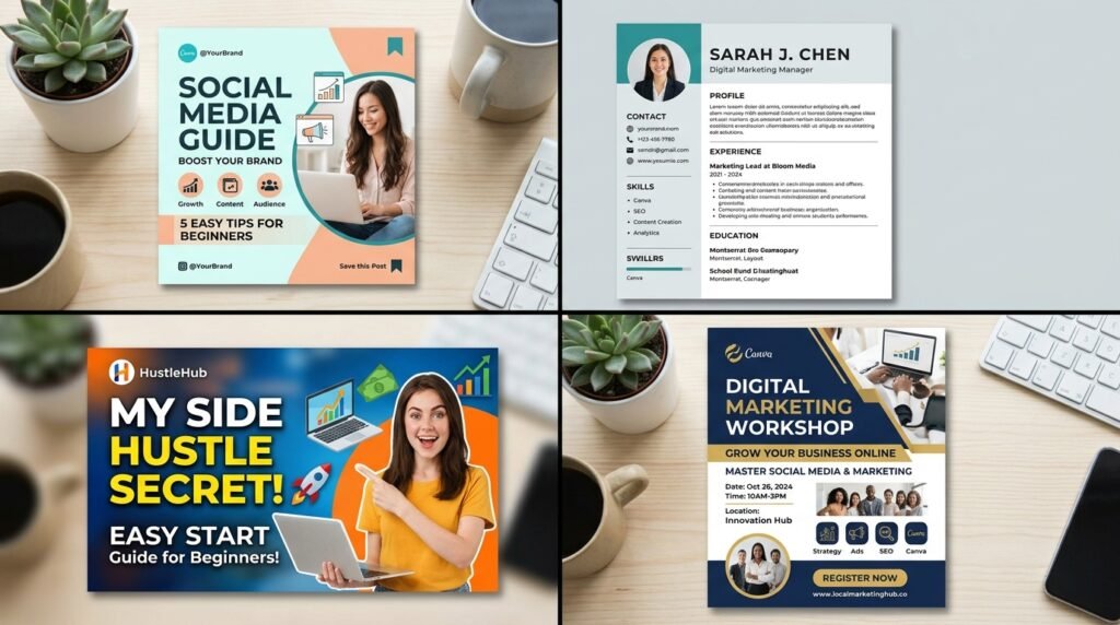 Canva tutorial examples showing social media posts resume and flyer designs created in Canva