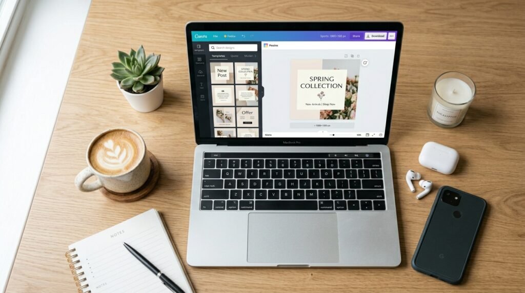 Canva tutorial beginner guide showing Canva design interface on laptop screen