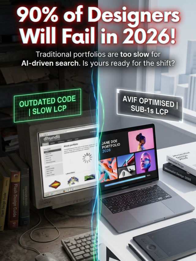 Comparison of a blurry outdated PC vs a sharp 2026 laptop with a '90% of Designers Will Fail' warning.