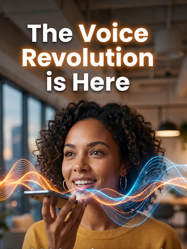 A person speaking naturally into a smartphone with glowing blue sound waves radiating from the device, representing the rise of voice search in 2026.