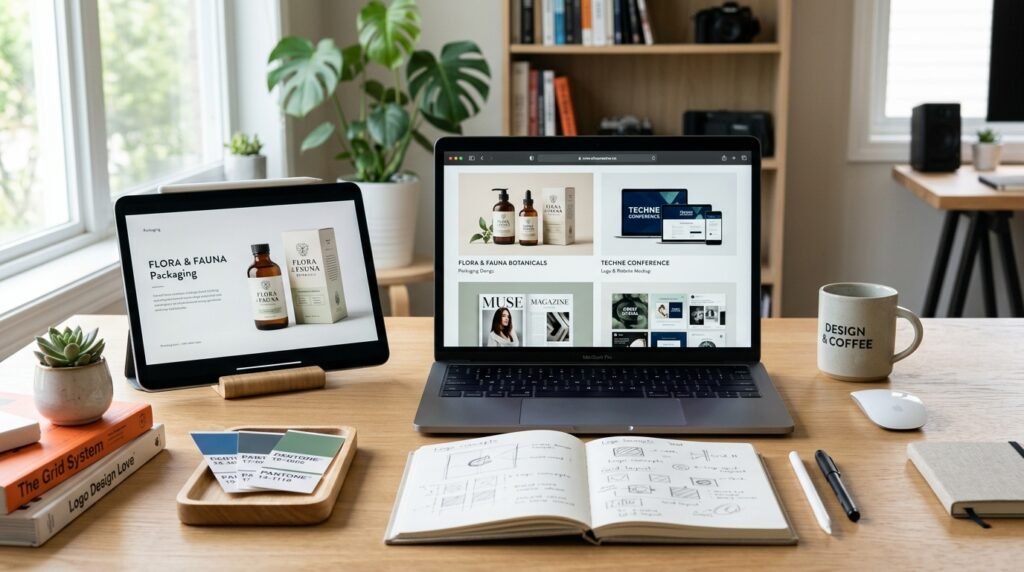 Graphic design portfolio examples displayed on laptop and tablet
