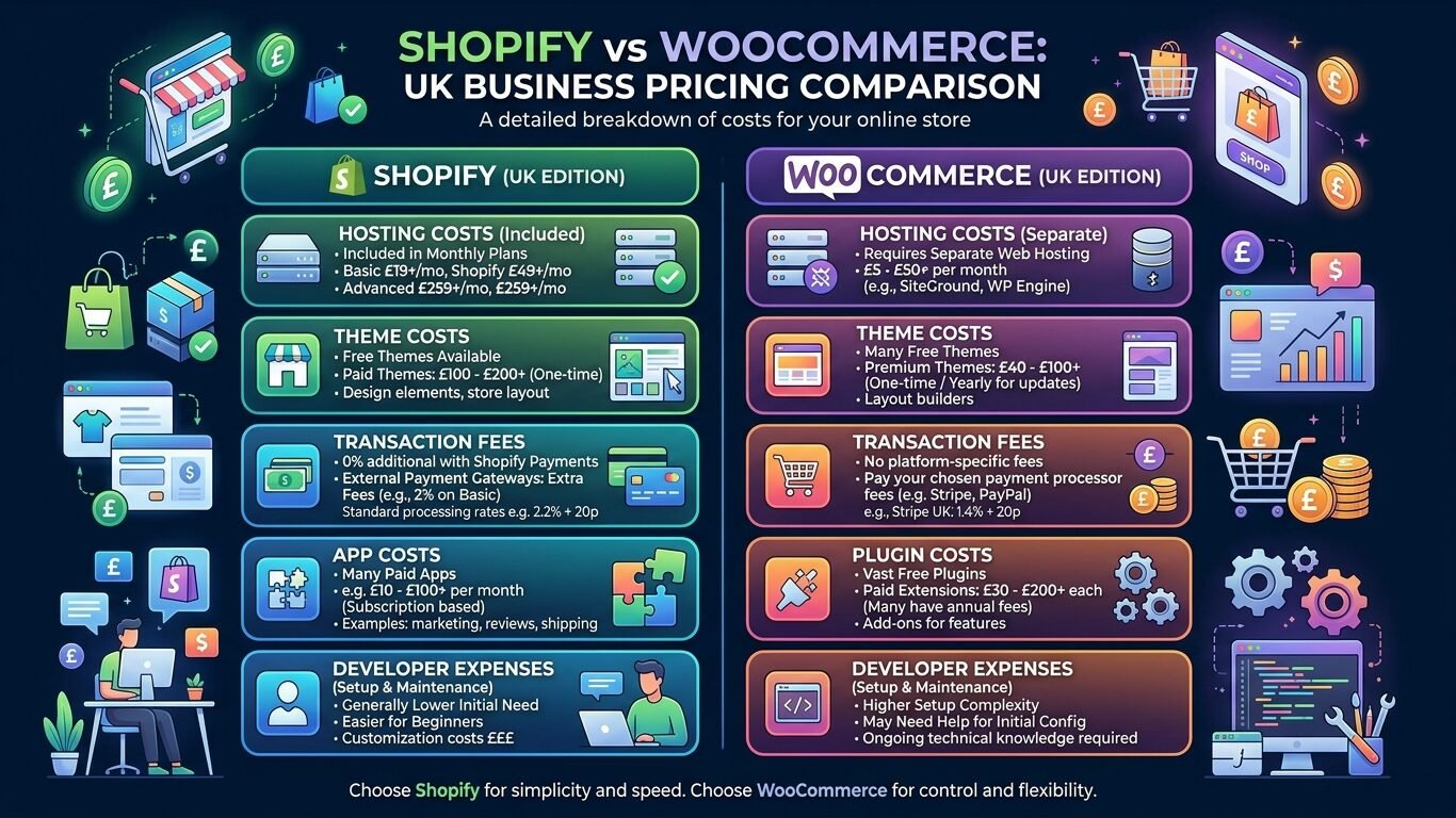 Shopify vs WooCommerce pricing comparison in the UK